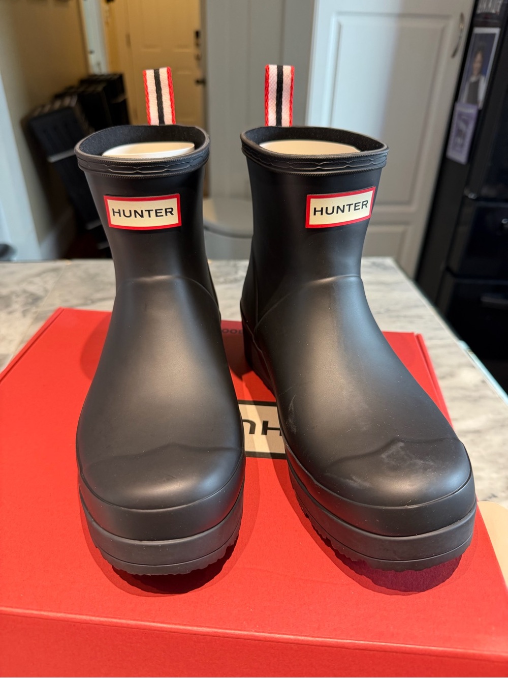 Hunter Women's Matte Black Short Rain Boots with Red-Trim Heel Tabs